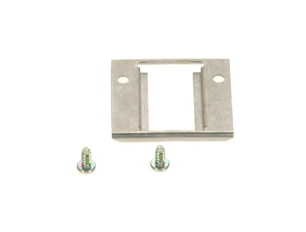 Metallisches Montageset von Bosch mit einem rechteckigen Halter und zwei Schrauben, geeignet zur Befestigung und Montage.